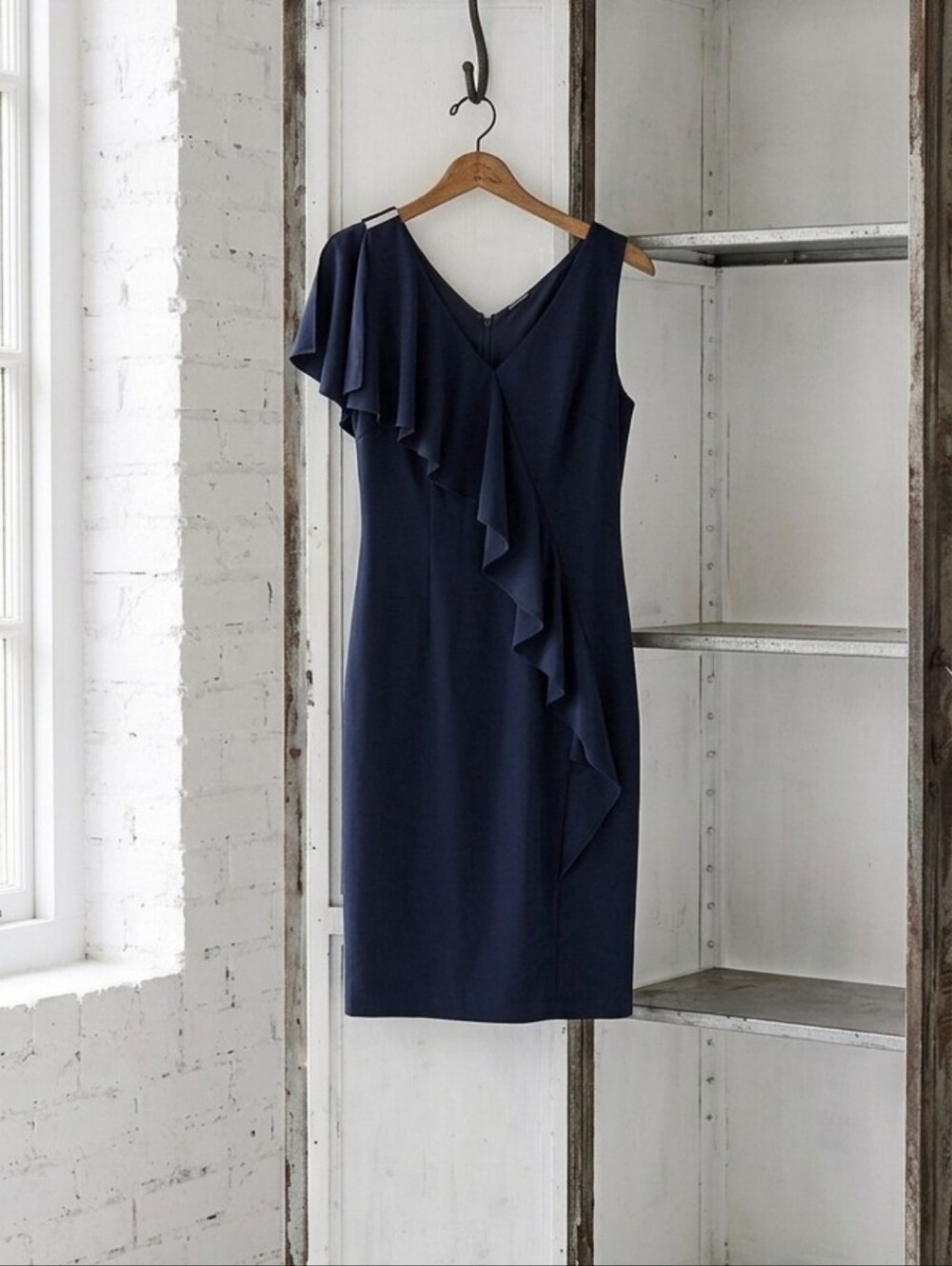 Elie Tahari Navy One-Shoulder Ruffle Sheath Dress